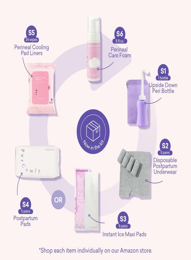 PurComfy 18 Pcs Postpartum Essentials Recovery Kit, Includes 5 Disposable Underwear, 24 Perineal Pad Liners, Perineal Care Foam, 5 Instant Ice Pads, Peri Bottle and 5 Postpartum Pads - Image 2